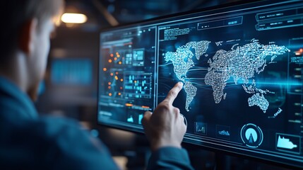 Satellite Ship Tracking concept. A person interacts with a high-tech screen displaying a digital world map and various data visualizations in a modern workspace.