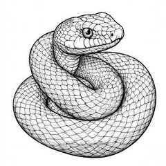 Detailed Line Art of a Coiled Snake Displaying Intricate Scales and Realistic Features for Botanical and Wildlife Illustrations or Educational Materials