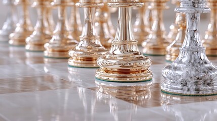 An engaging close-up of a metal and stone chess set that captures the elegance of the pieces and the craftsmanship involved in their design. The interplay of light and shadow on the surfaces adds