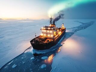 Fototapeta premium Satellite Ship Tracking concept. A powerful icebreaker ship navigating through icy waters under a colorful aurora borealis sky.