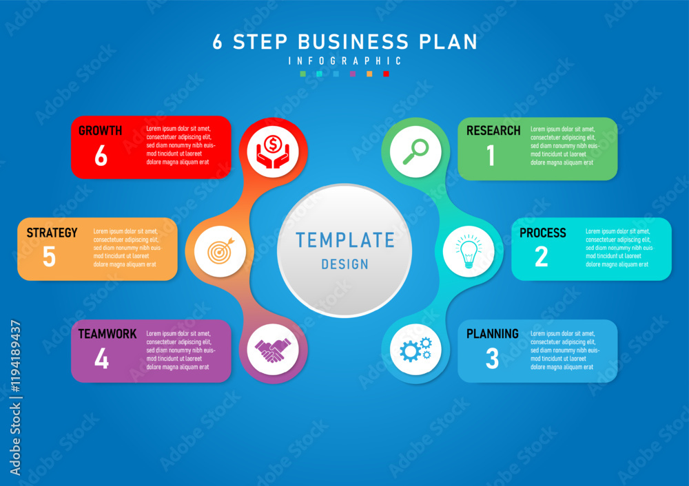 Poster infographic 6 step business planning template center circle button with white outer circle there is 