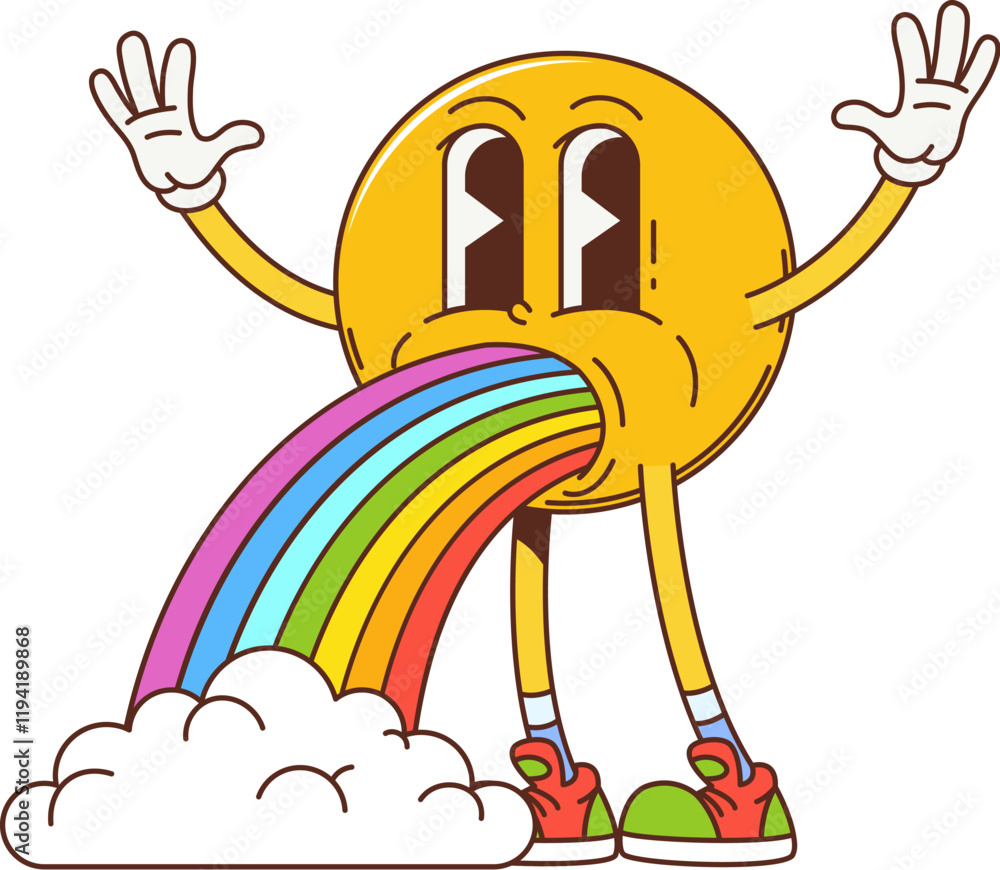 Poster groovy yellow smile face retro hippie character with rainbow barf emanating joy and peace. vector fu