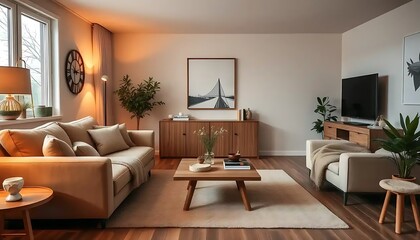 Modern Living Room Decor Featuring Beige Sofa and Wooden Accents