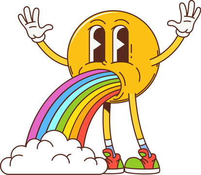 Groovy yellow smile face retro hippie character with rainbow barf emanating joy and peace. Vector funky emoji personage, psychedelic emoticon vomiting a rainbow with clouds, highlighting nostalgic fun