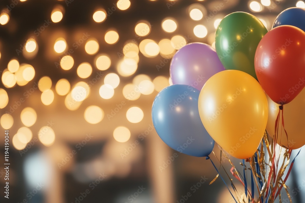 Leinwandbilder a cluster of vibrant balloons and colorful streamers float in celebration, surrounded by warm bokeh 
