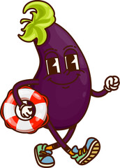 Cartoon groovy eggplant vegetable character on summer vacation carrying a swimming ring, exuding playful and cheerful vibes. Vector funky ripe veg personage depicting holiday joy and beach relaxation