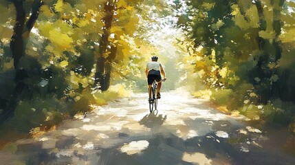 A cyclist riding through a tree-lined path, sunlight creating dappled patterns on the ground