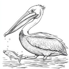 Elegant Black and White Illustration of a Pelican Standing Gracefully on Water with a Small Fish Swimming Nearby in a Natural Aquatic Environment