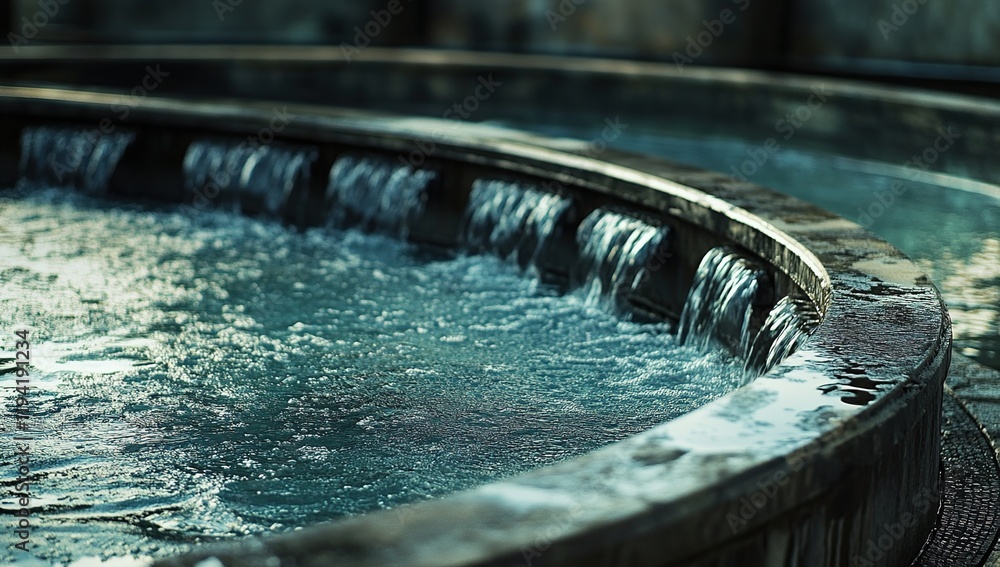 Poster water flows cascading into pool, creating a serene atmosphere in a relaxing oasis
