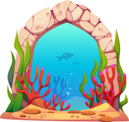 Fototapeta premium Game underwater sea portal, magic stone gate and door crafted from cracked stones with coral tendrils and seaweeds entwine the arch. Cartoon vector mystical gateway invites to explore aquatic realms