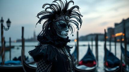 Fototapeta premium A Venetian carnival participant standing alone on the left side of the image, wearing a black and silver baroque-inspired outfit, soft evening light