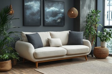 Beige Linen Two-Seater Sofa with Wooden Legs and Armrests in Scandinavian Modern Living Room Decor