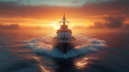 Obraz premium Warship sailing at sunset, ocean waves, dramatic sky.