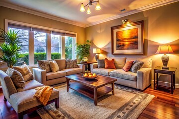 Fototapeta premium Cozy Living Room Interior Design: Warm Lighting, Blank Walls, Comfortable Furniture