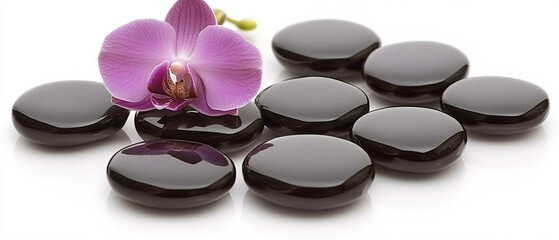 Serene Spa Scene Orchid Flower on Smooth Black Stones