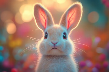 Obraz premium A cute, fluffy rabbit with large ears in a vibrant, colorful background.