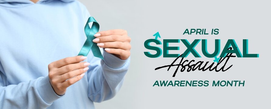 Young woman with teal ribbon on grey background. Banner for Sexual Assault Awareness Month - Powered by Adobe