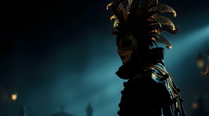 A Venetian carnival figure wearing a dazzling black and gold costume with an intricately crafted mask,  illuminated by soft spotlight
