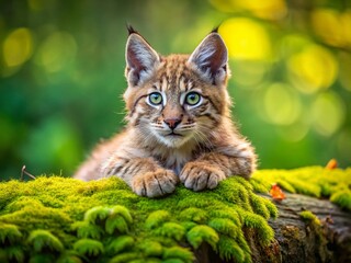 Obraz premium Curious Bobcat Kitten Resting on Log in Grassy Field - Surreal Wildlife Photography