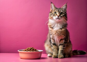 Cute Kitten by Pink Bowl, Pet Food, Adorable Cat, Studio Shot, Animal
