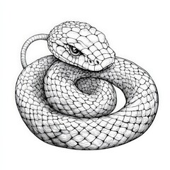 Intricate Black and White Illustration of a Coiled Snake with Detailed Scales and Captivating Eyes, Perfect for Nature, Wildlife, and Art Enthusiasts
