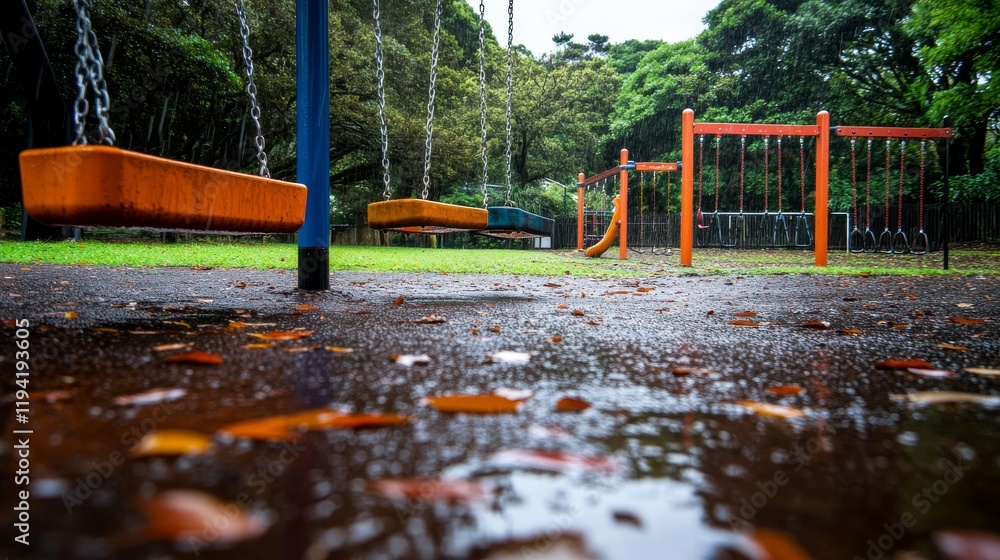 Poster a playground features vibrant swings and slides, shimmering with moisture after rain. fallen leaves 