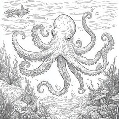 Intricate Line Art of an Octopus Surrounded by Coral Reef, Swim Fish in Ocean Depths, Black and White Sketch Illustration for Marine Life Enthusiasts