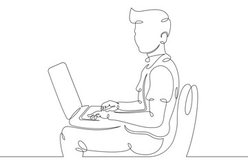 A small child sits at a laptop on the Internet, plays at the computer. One continuous drawing line, logo single hand drawn art doodle isolated minimal illustration.