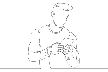 A young man sits with a phone smartphone tablet in his hands. Communication on the Internet. One continuous drawing line, logo single hand drawn art doodle isolated minimal illustration.