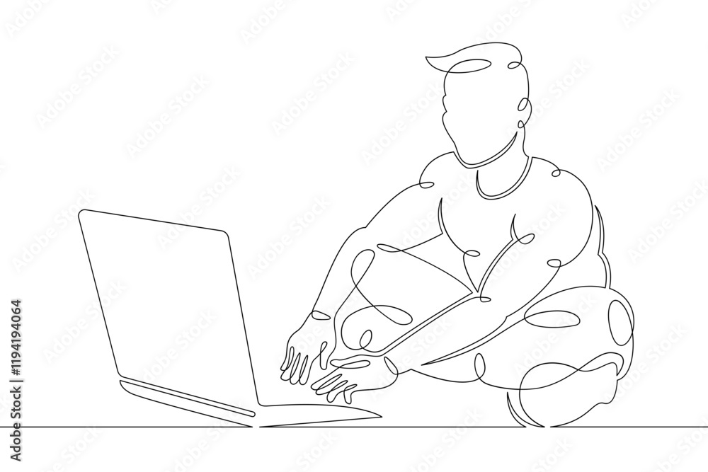 Poster a small child sits at a laptop on the internet, plays at the computer. one continuous drawing line, 