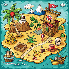 Pirate Treasure Map Hand Drawn Illustration 