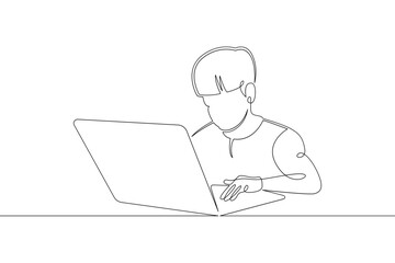 A small child sits at a laptop on the Internet, plays at the computer. One continuous drawing line, logo single hand drawn art doodle isolated minimal illustration.