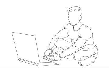 A small child sits at a laptop on the Internet, plays at the computer. One continuous drawing line, logo single hand drawn art doodle isolated minimal illustration.