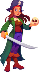 Pirate sailor girl or corsair captain woman character with sword and skull, cartoon vector personage. Caribbean pirate skipper or corsair girl character in tricorne hat with saber and skull in hand