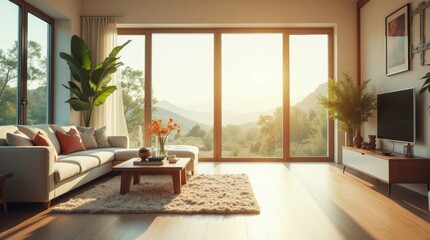 A bright and airy living room with open windows