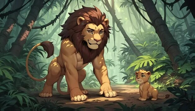 정글에서 아기 사자를 사랑스러운 눈빛으로 바라보는 아빠 사자