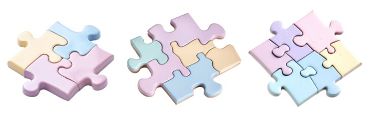 Set of puzzle piece in pastel colors, showcasing interlocking edges, isolated on white or transparent background.