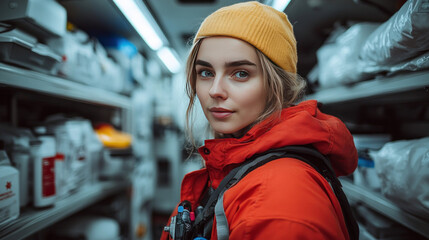 Fototapeta premium A paramedic organizing emergency supplies inside a fully equipped ambulance