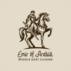 Arabian knight riding horse and holding sword vector logo 