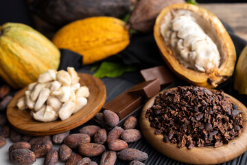 Cocoa beans and cocoa pod on a wooden surface.