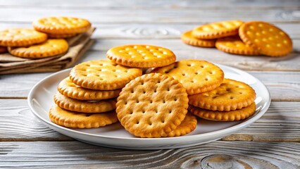 Delicious Cracker Biscuits on White Plate, Light Wooden Surface - Perfect Tea Time Snack