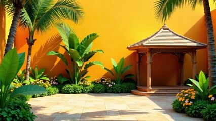 Fototapeta premium Serene Tropical Garden Oasis with Ornate Wooden Gazebo Against Vibrant Yellow Wall