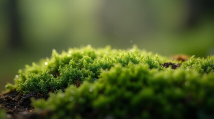 Close-up of wet moss with dewdrops, rich green texture, and a soft, fuzzy surface, highlighting the intricate details of the forest floor.