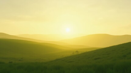 Obraz premium Golden sunlight spreading across a horizon of grassy hills at sunrise, creating a peaceful and fresh atmosphere with soft green and warm tones.