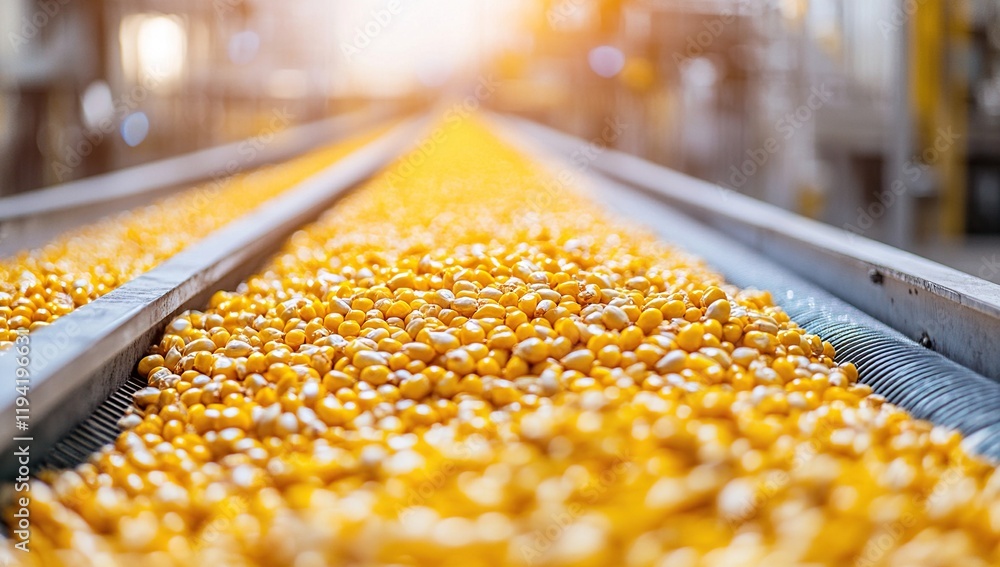 Poster corn kernel processing: conveyer belt transports golden grains to factory for refining and packaging