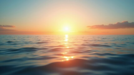 Obraz premium A serene ocean scene with a sunlit horizon, golden sunlight reflecting on calm waters, and a sky transitioning from blue to orange at sunset.