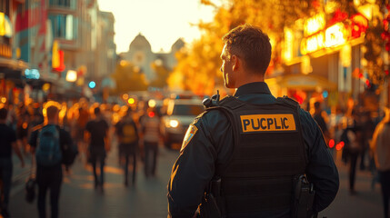 A police officer directing traffic at a busy outdoor festival, ensuring smooth flow and safety