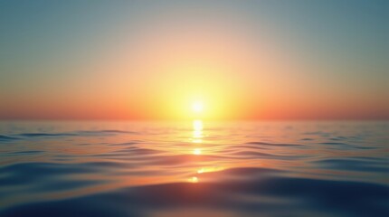 Obraz premium A serene ocean scene with a sunlit horizon, golden sunlight reflecting on calm waters, and a sky transitioning from blue to orange at sunset.