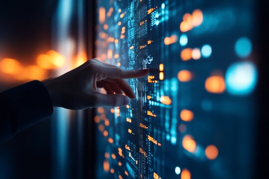 A sleek digital dashboard displays vibrant graphs and charts in blue and orange tones, highlighting the significance of data analytics. A hand hovers above the interface - Powered by Adobe