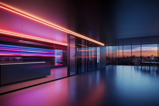 A spacious open-plan office features vibrant neon lights in pink and blue, showcasing a tech-inspired atmosphere with a stunning cityscape view at sunset
